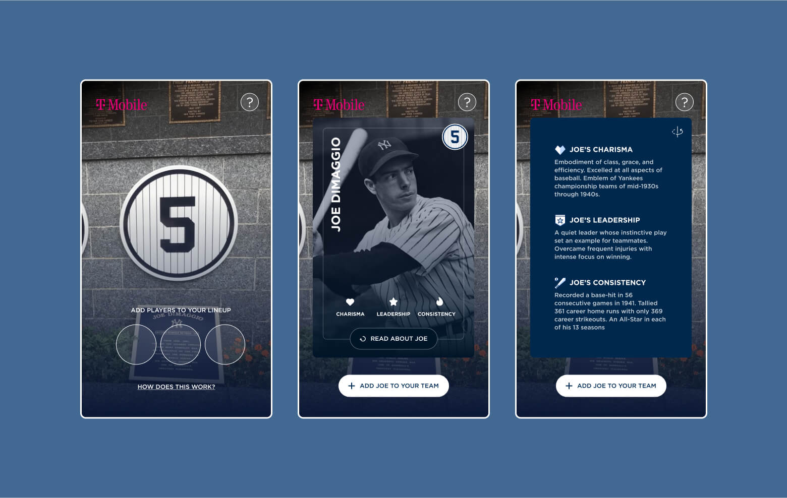 Three screenshots showing the Yankees AR Experience phone app in use