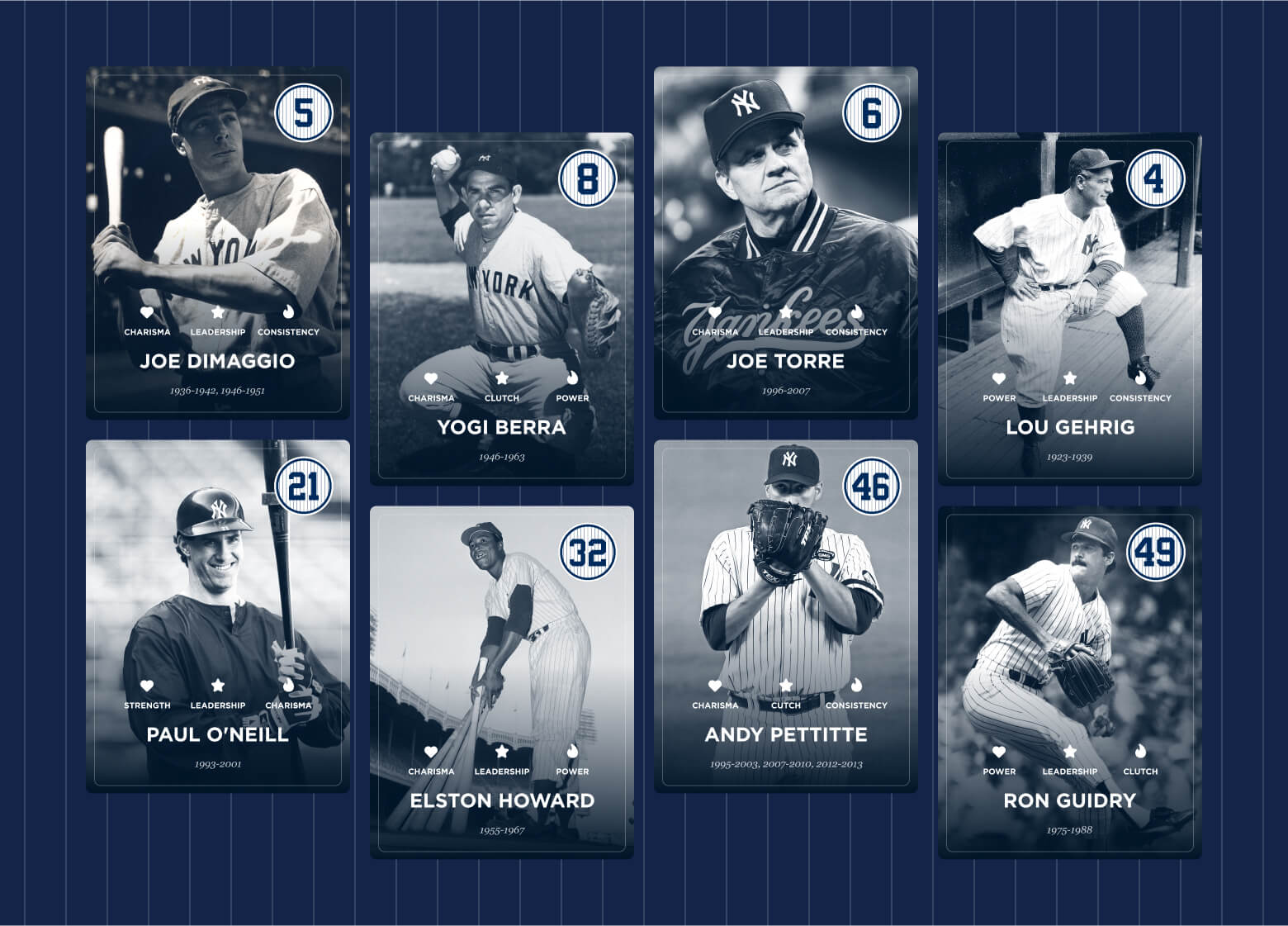 Eight of the Yankees AR Experience baseball card graphics