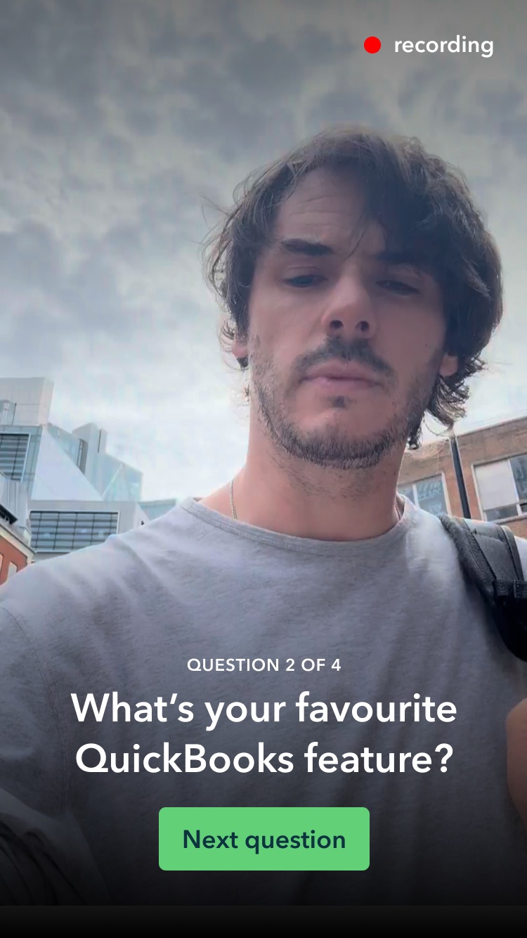 The microsite's phone screen recording a video review, asking “What’s your favourite QuickBooks feature?”